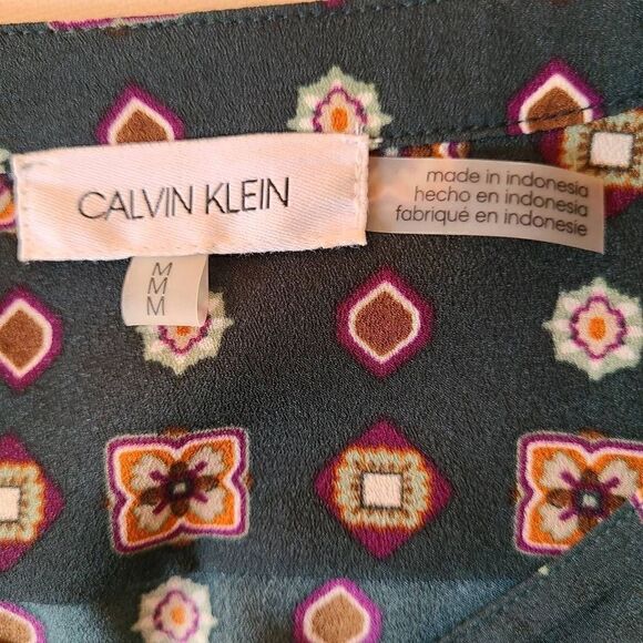 Calvin Klein Womens Tunic Blouse Button Front Long Sleeve Geometric Print Medium - Picture 5 of 12